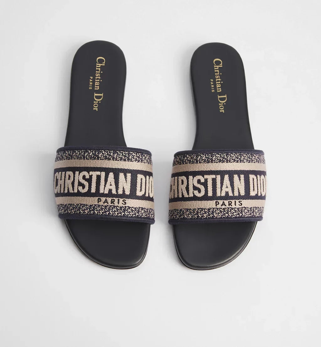 Dway Slide Deep Blue Embroidered Cotton|Women