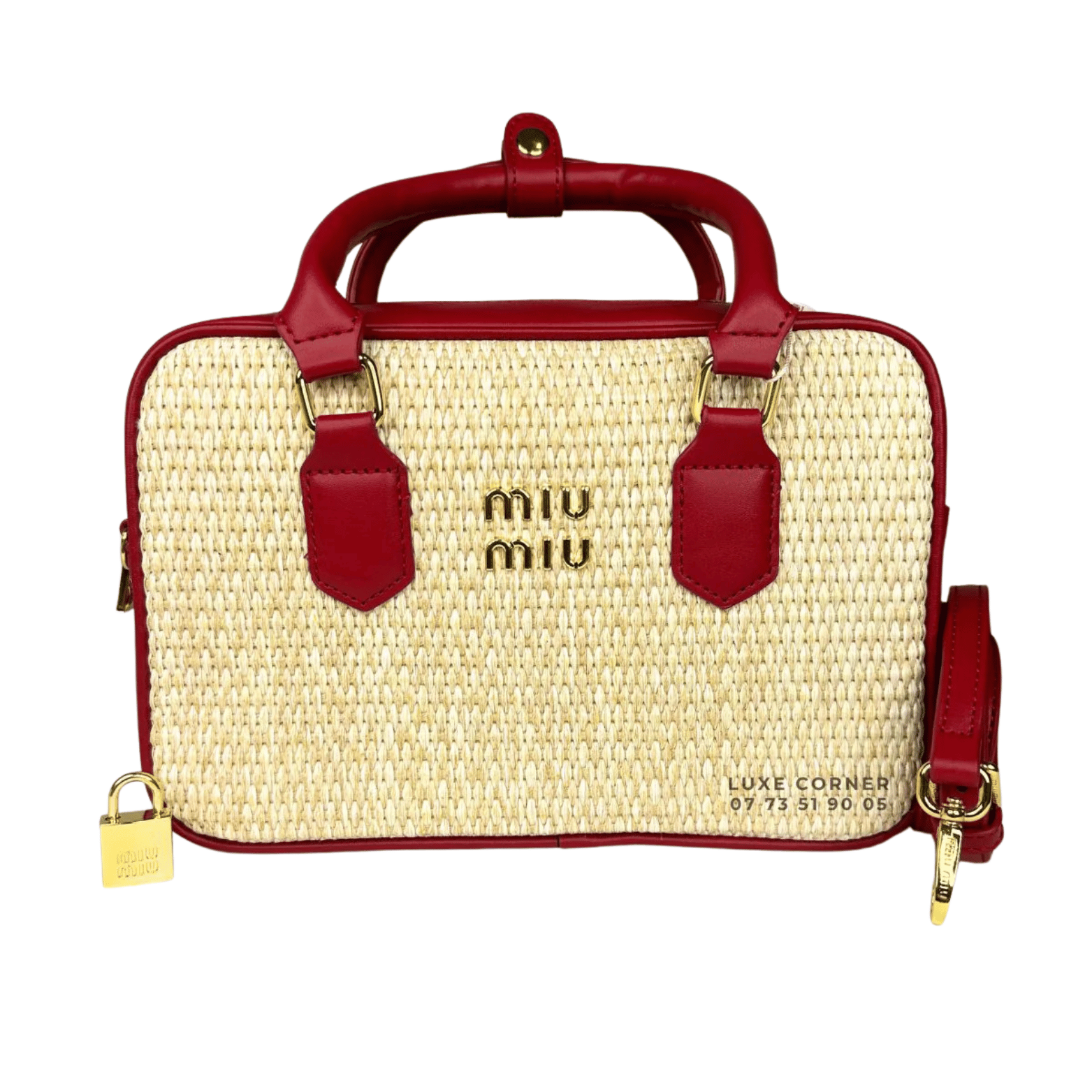 Miu Miu Bag | Straw Zip-up Handbag With Red Leather Trim And Handles