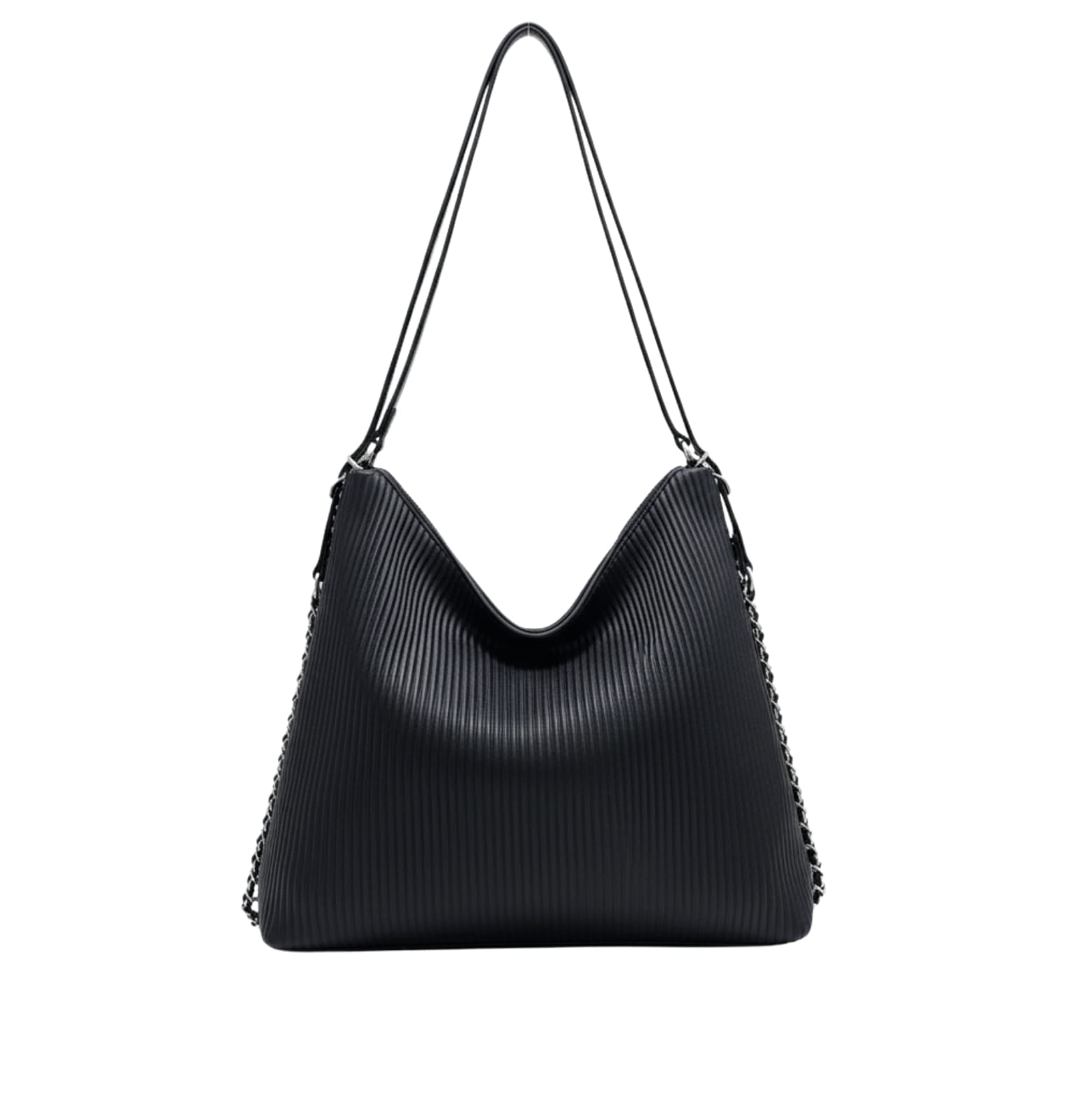 Chanel Bag | Hobo Shoulder Bag With A Ribbed Texture And Silver Chain Straps.