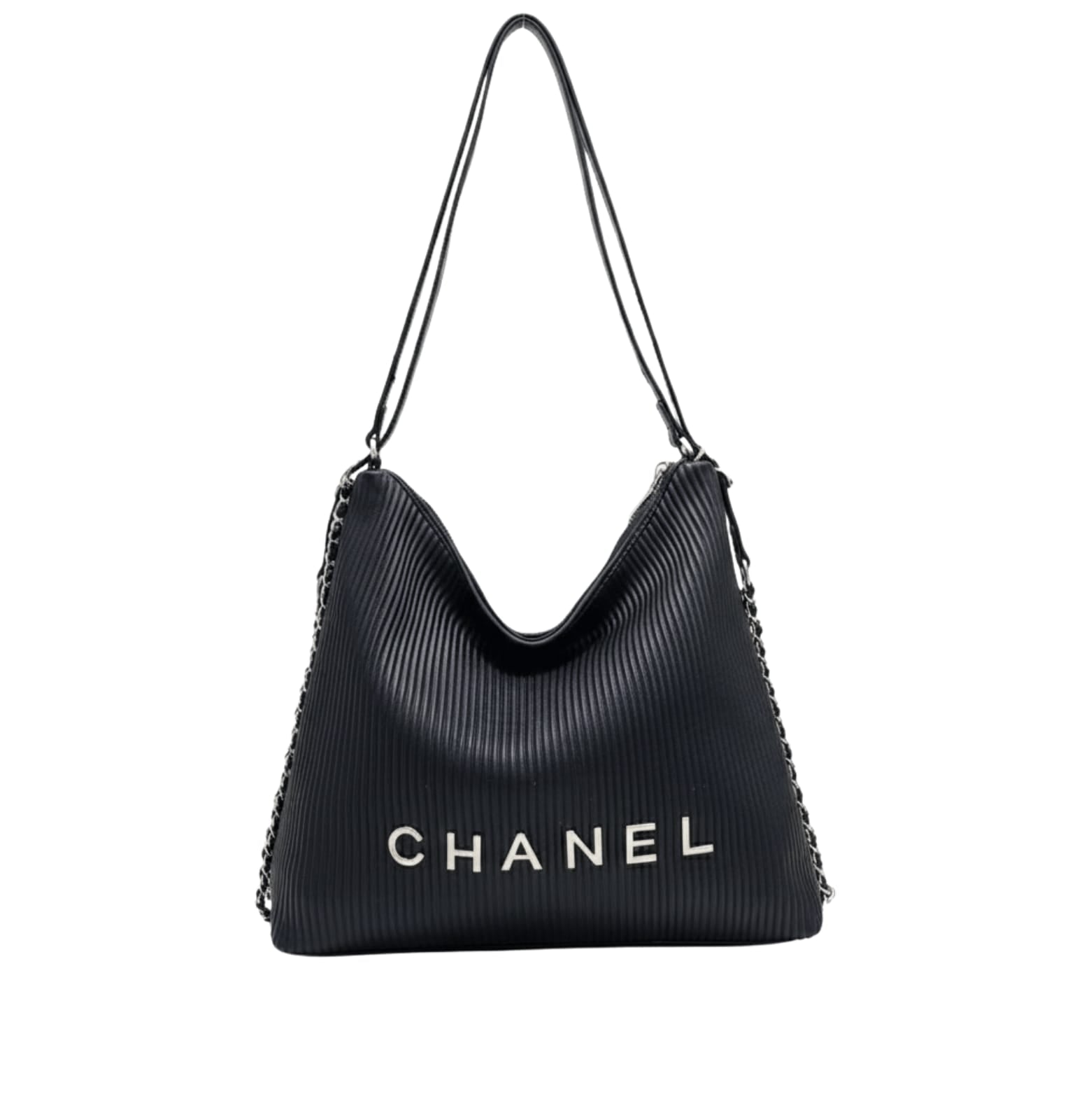 Chanel Bag | Hobo Shoulder Bag With A Ribbed Texture And Silver Chain Straps.