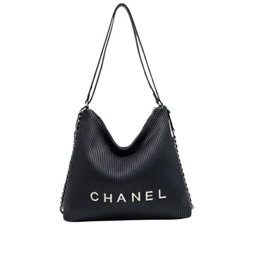 Chanel Bag | Hobo Shoulder Bag With A Ribbed Texture And Silver Chain Straps.