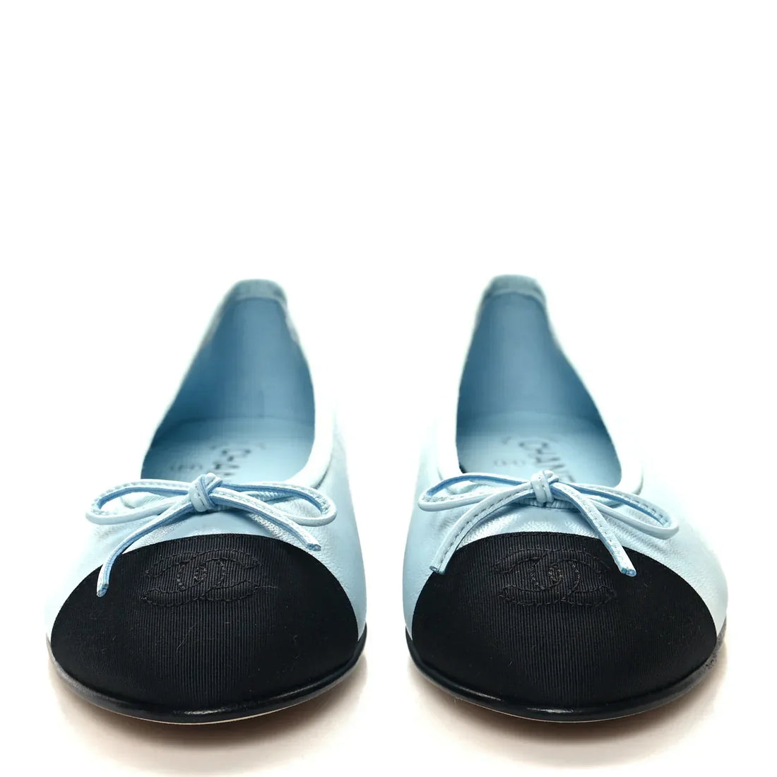 Chanel Lambskin Grosgrain Cap Toe CC Ballerina Flats Light Blue Black| Women's